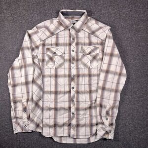 Buckle‎ BKE Shirts Mens Sz L Beige Plaid Athletic Long Sleeve Western Pearl Snap